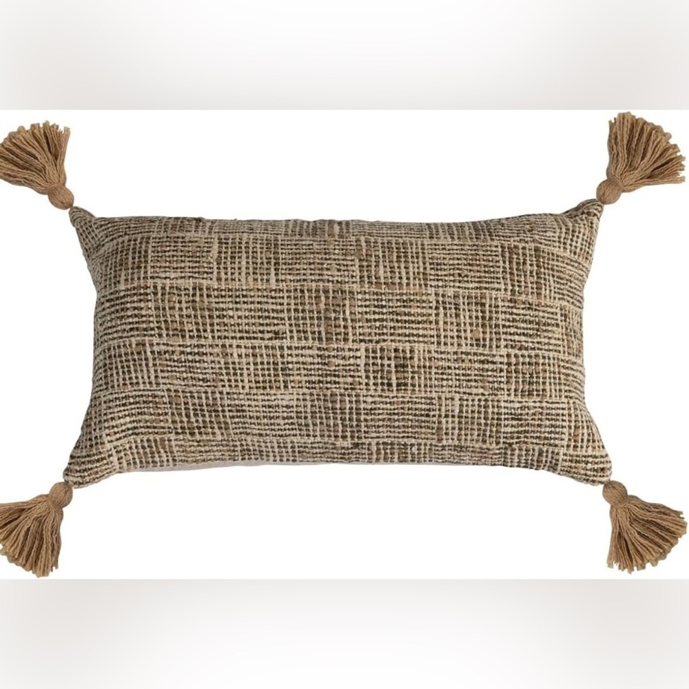 Creative Co-Op Woven Cotton Blend Lumbar Pillow with Tassels and Chambray Back!